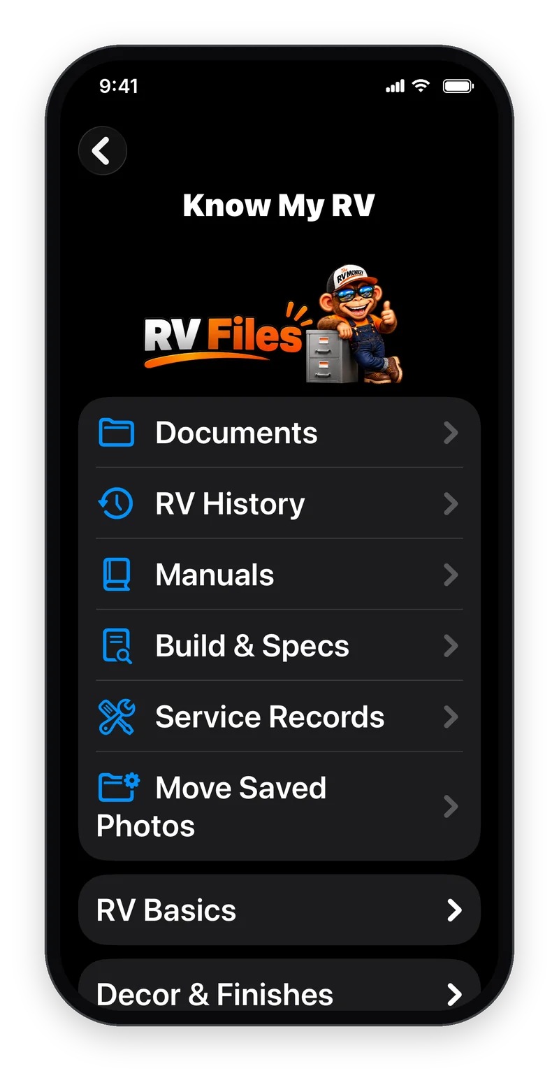 The RV Monkey app's Know My RV screen listing documents, manuals, and service records.