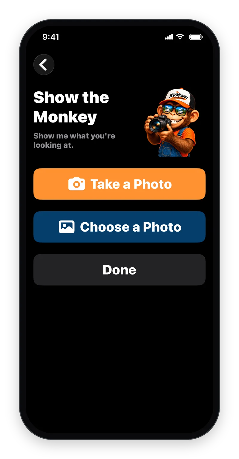 The RV Monkey app's Show the Monkey screen with Take a Photo and Choose a Photo buttons.