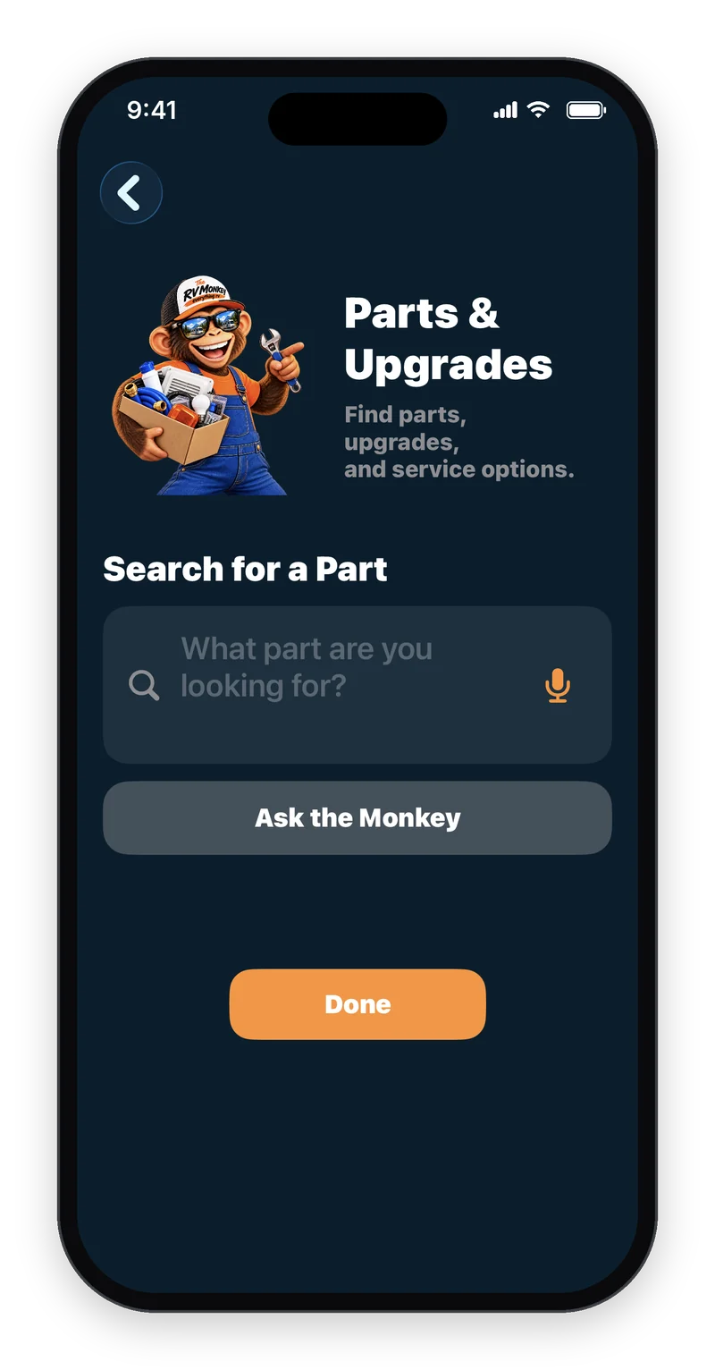 The RV Monkey app's Parts & Upgrades screen with a search box for a part.