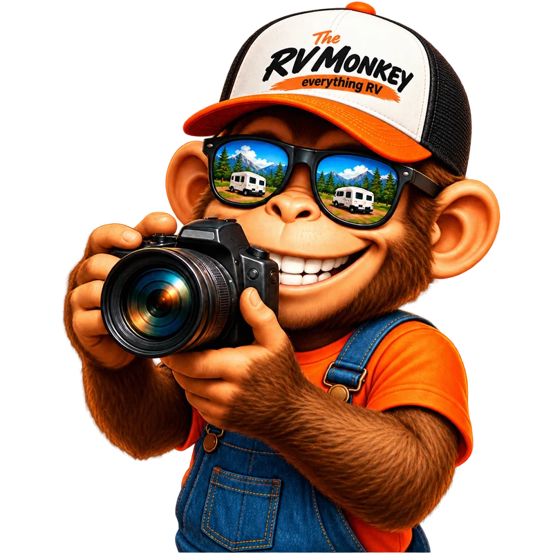 The RV Monkey mascot holding a camera