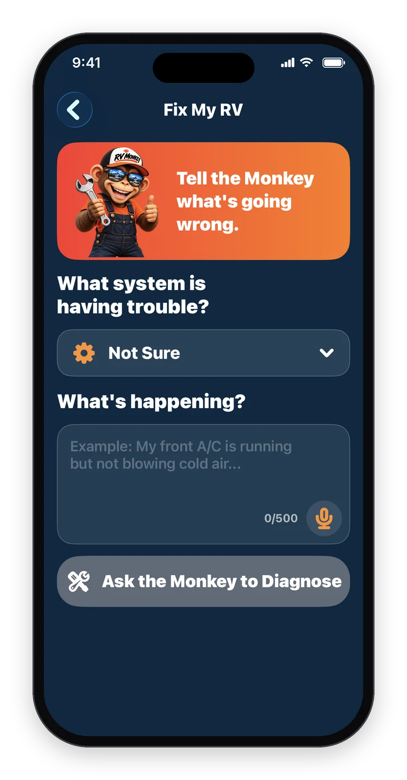 The RV Monkey app's Fix My RV screen describing an RV problem for a diagnosis.