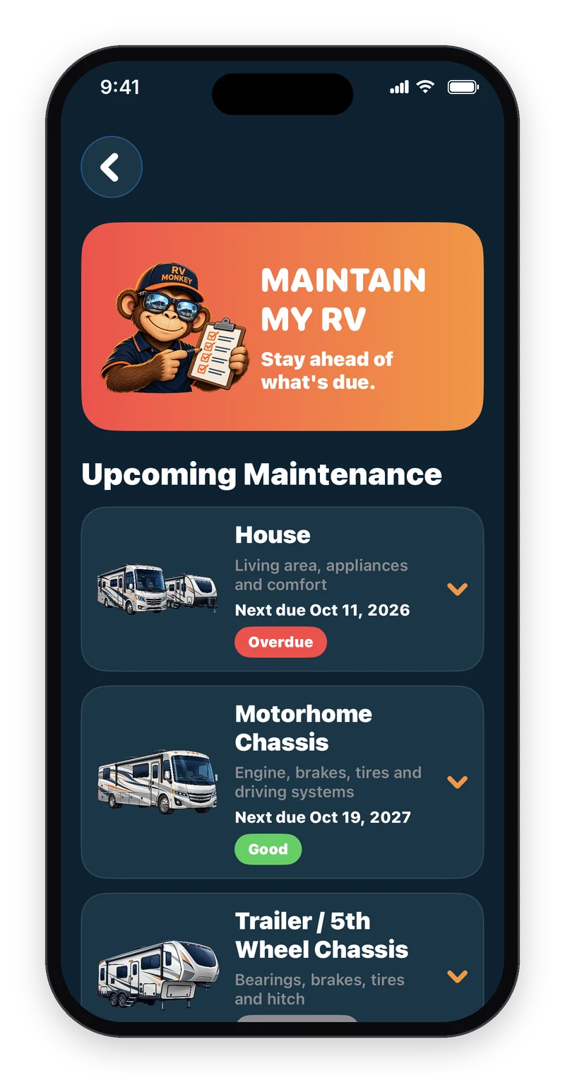 The RV Monkey app's Maintain My RV screen showing upcoming maintenance.